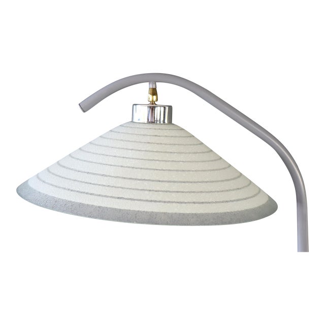 Very cool vintage striped frosted glass shade floor lamp designed in the style of Gerald Thurston. It has a grey metal...