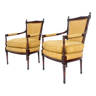 Gold Silk Upholstery Fine Carved Acorn Finials Lounge Fireside Chairs - A Pair For Sale