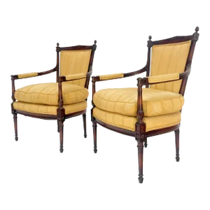 Gold Silk Upholstery Fine Carved Acorn Finials Lounge Fireside Chairs - A Pair