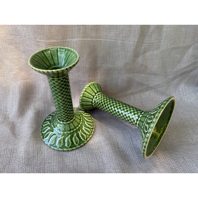 Mediterranean Vintage Bordallo Pinheiro Green Ceramic Candlestick a Pair For Sale - Image 3 of 11