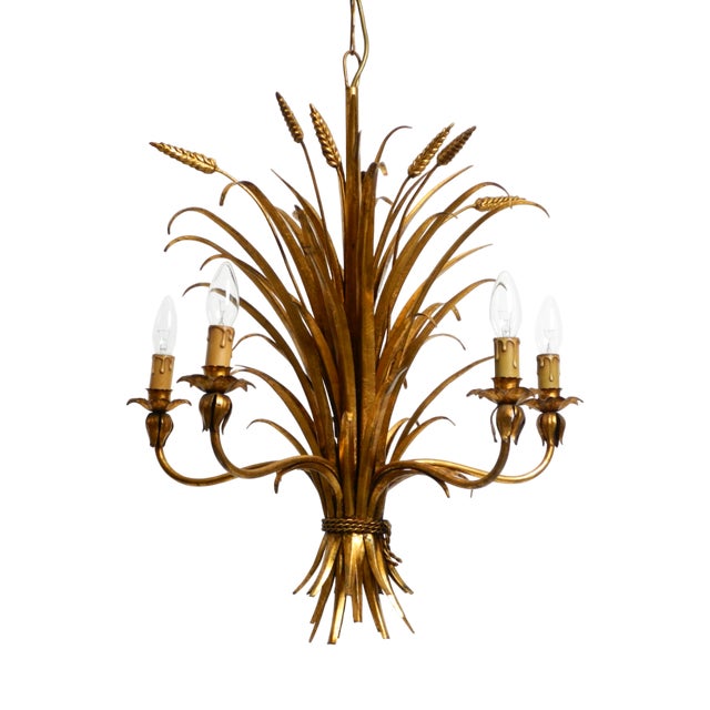 Large Gold-Plated 5-Arm Tall Metal Chandelier by Hans Kögl, 1970s For Sale