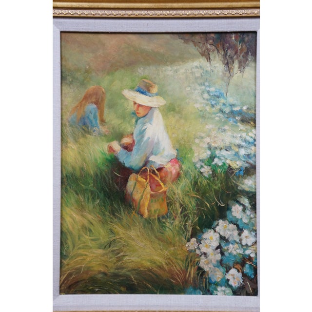 Textile Late 20th Century Mother & Daughter Gathering Flowers Oil Painting After Richard Earl Thompson For Sale - Image 7 of 10