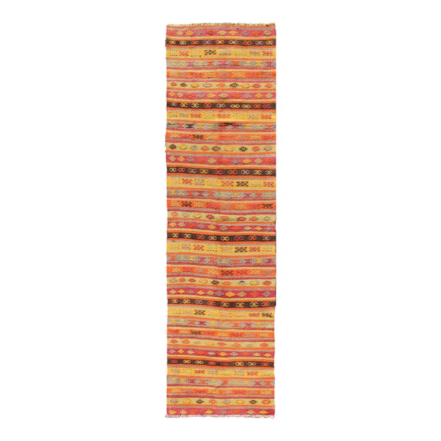 Vintage Turkish Kilim Runner With Multicolor Stripes and Tribal Motifs 2'9 X 10'6 For Sale