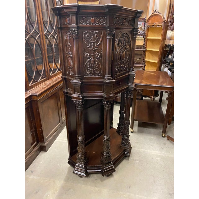 Traditional Rich Dark Walnut Hand Carved Antique English Court Cupboard For Sale - Image 3 of 12
