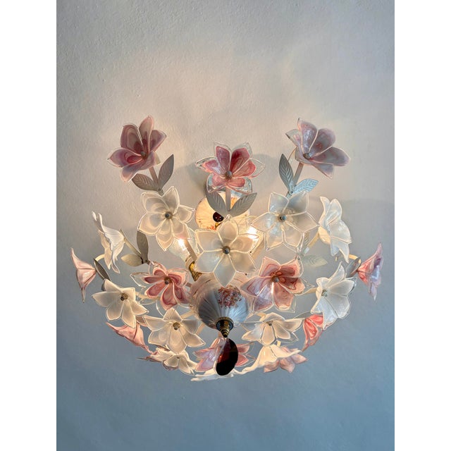 Vintage Murano Style Floral Chandelier – Romantic Pink & White Glass Bouquet Light - Pair For Sale - Image 14 of 18