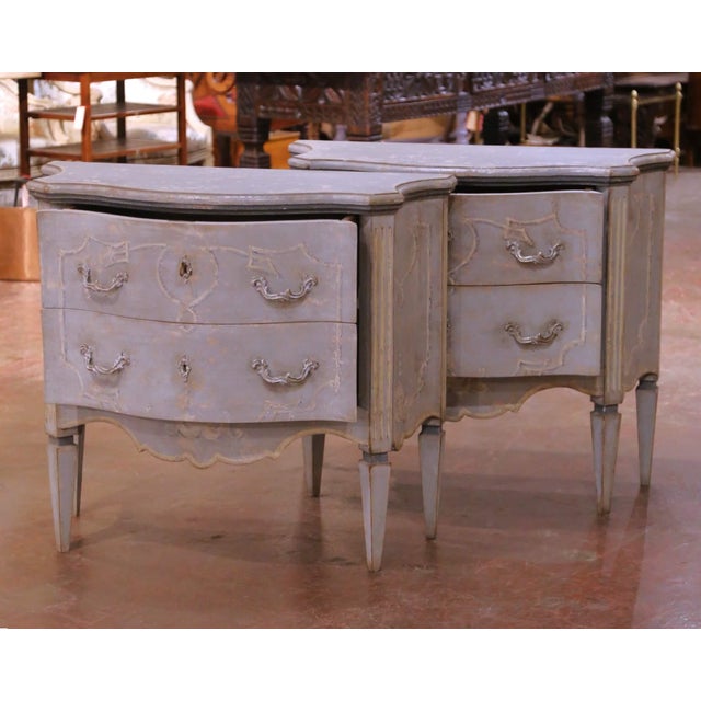 Gray Pair of 19th Century French Louis XV Style Painted Two-Drawer Chests Commodes For Sale - Image 8 of 14