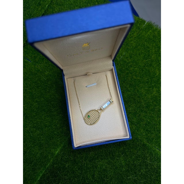 Diamond White Pearl Emerald 18 Karat Gold Tennis Racket Charm Pendant Necklace For Sale - Image 4 of 17