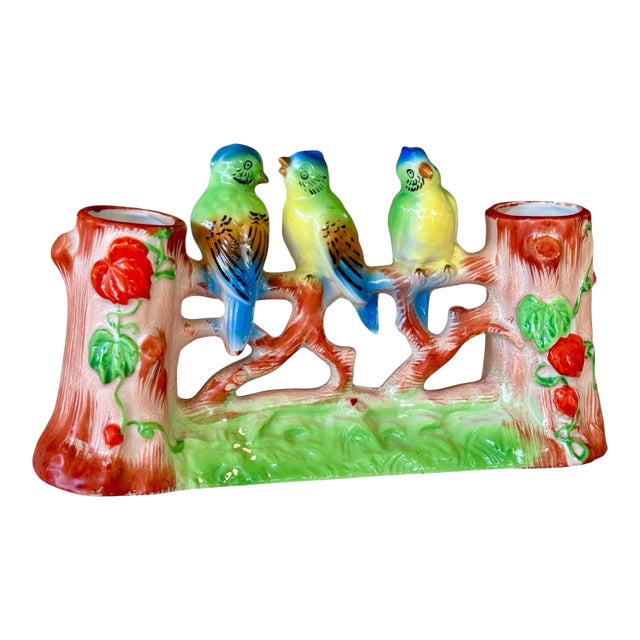 Mid-20th Century Hand-Painted Ceramic Budgie Bird Planter or Vase – Made in Japan For Sale