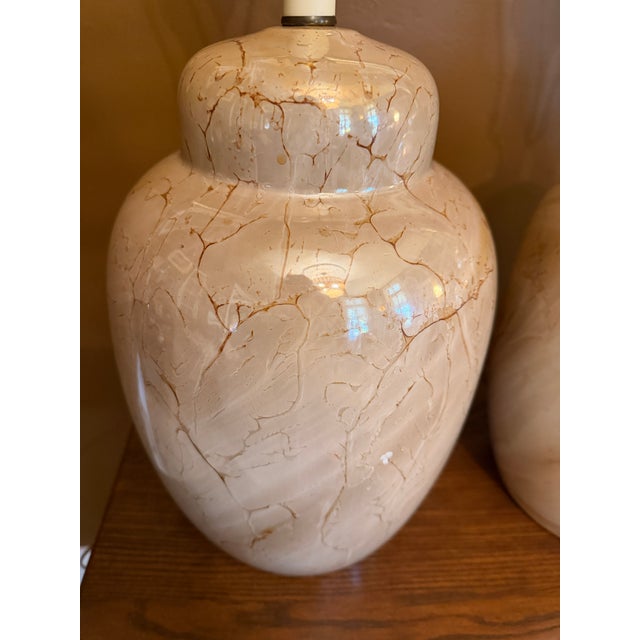 Vintage 1980s Faux Marble Glazed Ceramic Ginger Jar Table Lamps - Pair For Sale - Image 9 of 13
