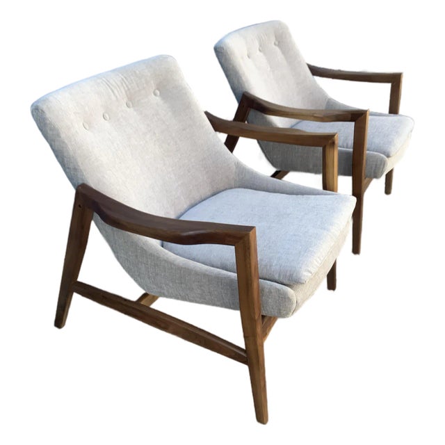 Mid Century Style Lounge Chairs Walnut Frames Gray Chenille -Pair For Sale