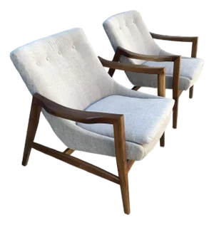 Mid Century Style Lounge Chairs Walnut Frames Gray Chenille -Pair