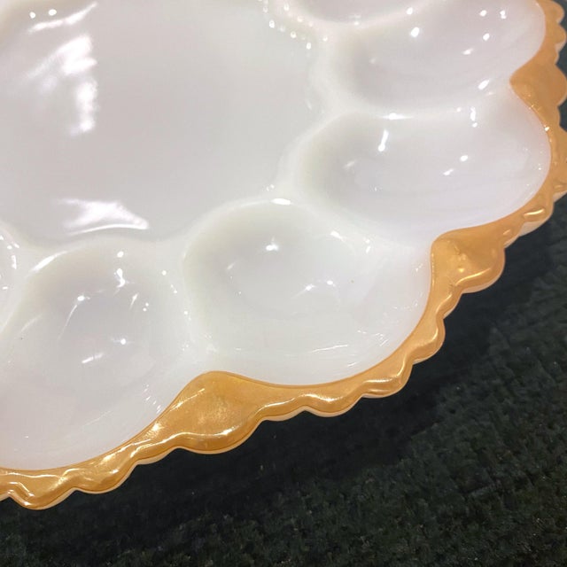 Vintage Anchor Hocking White Milk Glass Deviled Egg Plate With Gold