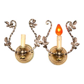 1910s Cast Brass Wall Sconces With Trailing Vines and Leaves Original Antique Patina - a Pair For Sale