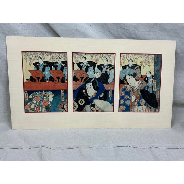 This Japanese ukiyo-e woodblock triptych print is attributed to Utagawa Kunisada, also known as Toyokuni III, a prominent...