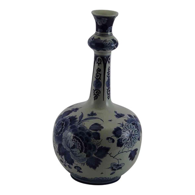 1960’s Vintage Delft Vase With Blue Floral Decoration For Sale