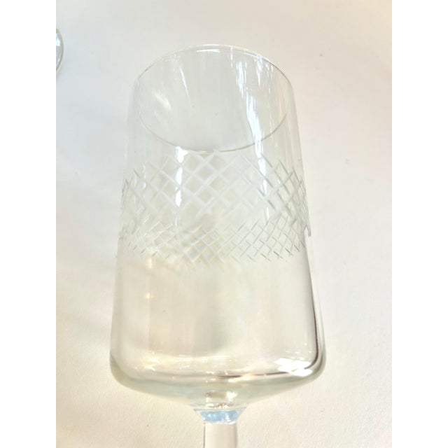 1960s 1960s Mid-Century Etched Water/ Wine Goblets Criss-Cross Band Center Set of 6 For Sale - Image 5 of 7