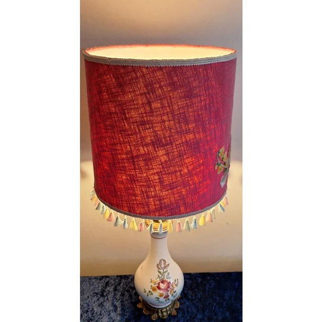 Vintage White Ceramic and Bronze Table Lamp with Colored Flower Decor and Handmade Fabric Shade, 1980s For Sale - Image 3 of 9