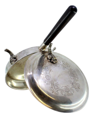 Silver Whisk with Floral Motifs Engraved Lid, Raised Feet and Wooden Handle