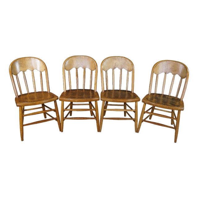 4 Antique American Oak Windsor Bow Back Chairs Saloon Pub Tavern Caboose Seats For Sale