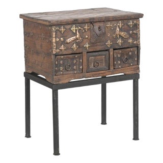 Vintage Indian Teak and Brass Folk Art Chest on Iron Legs/Side Table For Sale