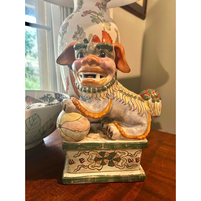 Chinoiserie Vintage Famille Verte Chinoiserie Porcelain Foo Dog Guardian Lion With Ball For Sale - Image 3 of 12