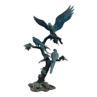 1980s Monumental Verdigris Bronze Parrots Sculpture on Tree Trunk Base For Sale