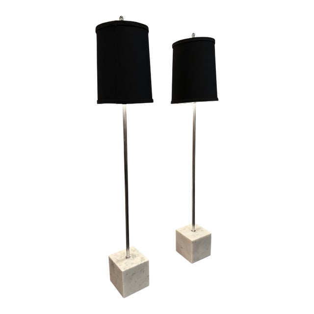 1970s Mid Century Modern Elongated Chrome & Marble Table Lamps - A Pair For Sale