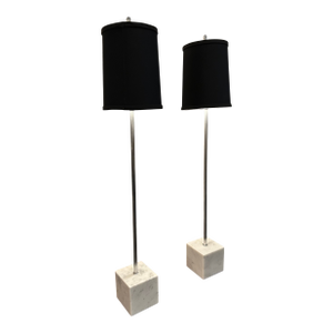 1970s Mid Century Modern Elongated Chrome & Marble Table Lamps - A Pair