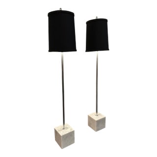 Midcentury Modern Elongated Chrome & Marble Table Lamps- A Pair For Sale