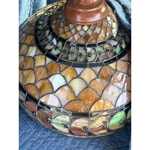 1990s Art Nouveau Quoizel Collectible Tiffany Style New York Era Stained Glass Chandelier “Inglenook” Design For Sale - Image 9 of 12