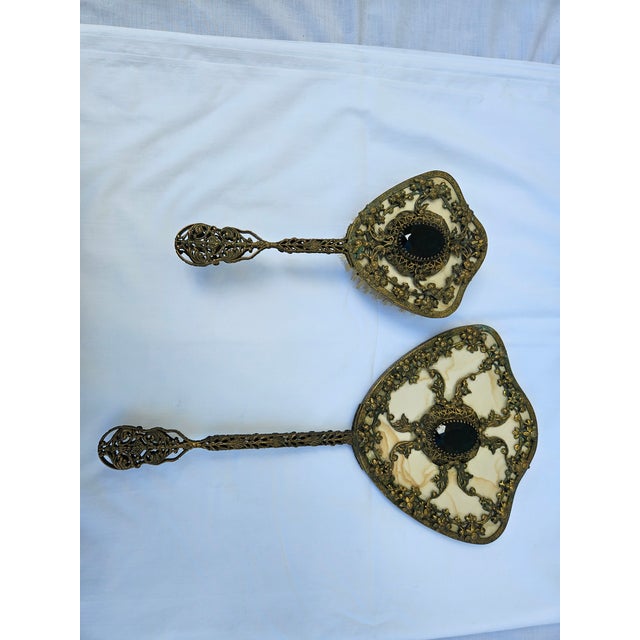 Venetian Brass Filigree Jeweled Mirror and Brush Set For Sale - Image 6 of 17