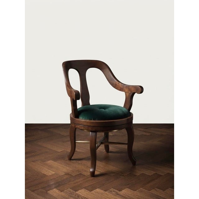 Hungarian Art Deco Swivel Barber Armchairs in Green Velvet with Wooden Frames, 1920s, Set of 2 For Sale - Image 3 of 5