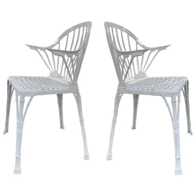 20th Renaissance Revival Style Cast Iron White Garden Chairs in Faux Bamboo - a Pair For Sale - Image 11 of 11
