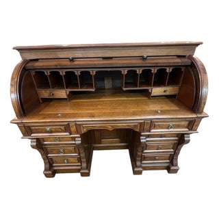1800's Walnut Burlwood Rolltop Barrel Office Desk For Sale