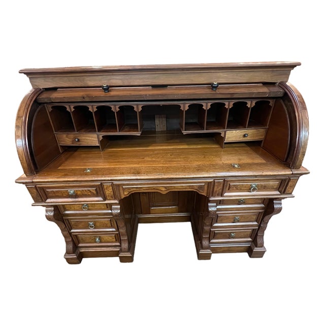 1800's Walnut Burlwood Rolltop Barrel Office Desk For Sale