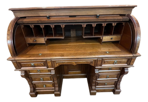 1800's Walnut Burlwood Rolltop Barrel Office Desk