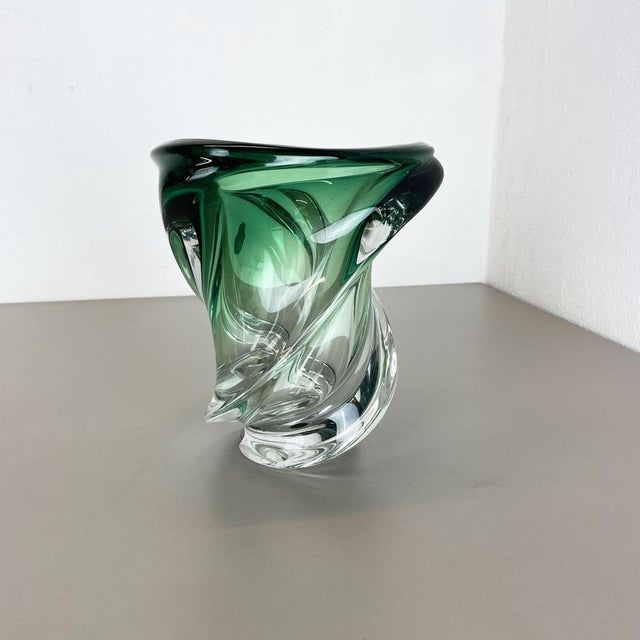 Article: Crystal glass vase object. Producer: Val Saint Lambert, Belgium (signed on the stand and label sticker on top)....