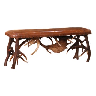 Early 20th Century Austrian Black Forest Antler Lodge Bench With Leather Seat For Sale