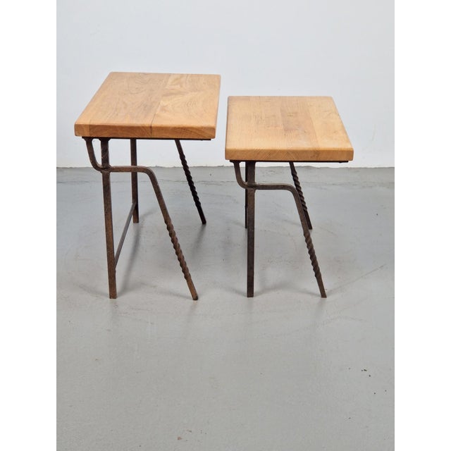 Wood Brutalist Cast Iron and Oak Nesting Tables, 1970s, Set of 2 For Sale - Image 7 of 16