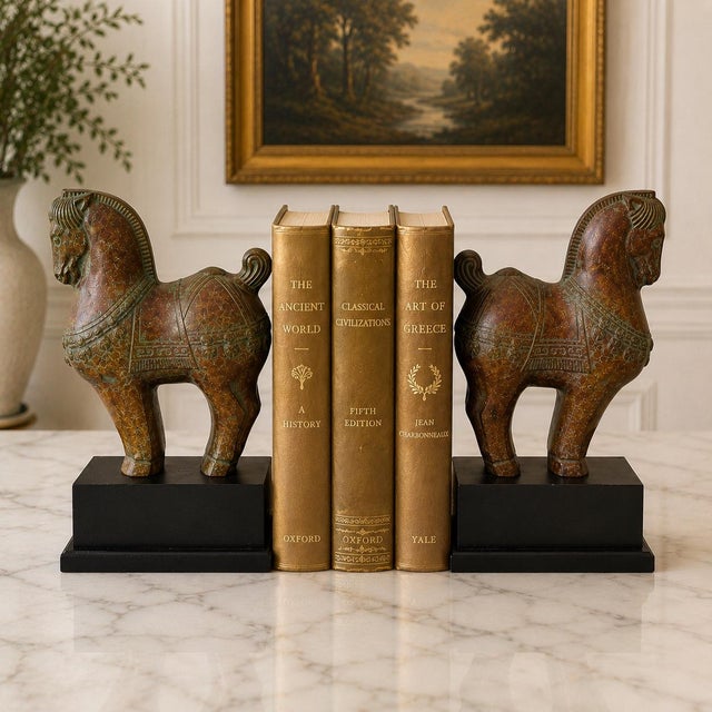 A substantial pair of Ancient World–inspired horse bookends with design elements suggestive of both Asian and Greco-Greek...