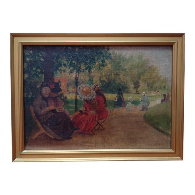 Ladies in Hyde Park London Oil on Board Vintage Painting Gold Frame