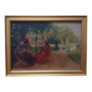 Ladies in Hyde Park London Oil on Board Vintage Painting Gold Frame 10x7