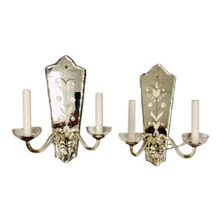 Vintage 1920 Etched Carved Mirror Sconces For Sale