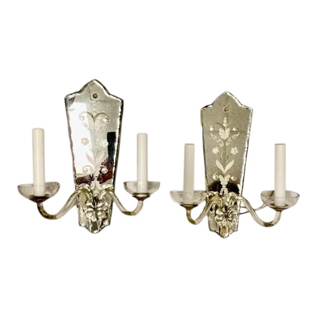 Vintage 1920 Etched Carved Mirror Sconces - Pair For Sale