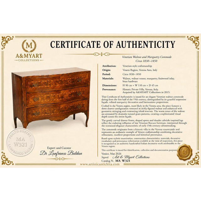 Venetian Walnut and Marquetry Commode from Historic Verona Villa, 1830s For Sale - Image 9 of 10