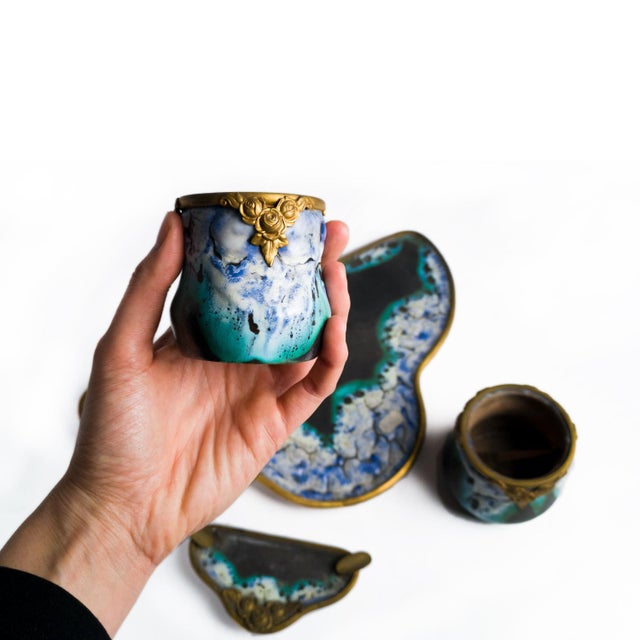 Art Nouveau Desk Set in Ceramic and Gilt Bronze, France, 1900s, Set of 4 For Sale - Image 4 of 12