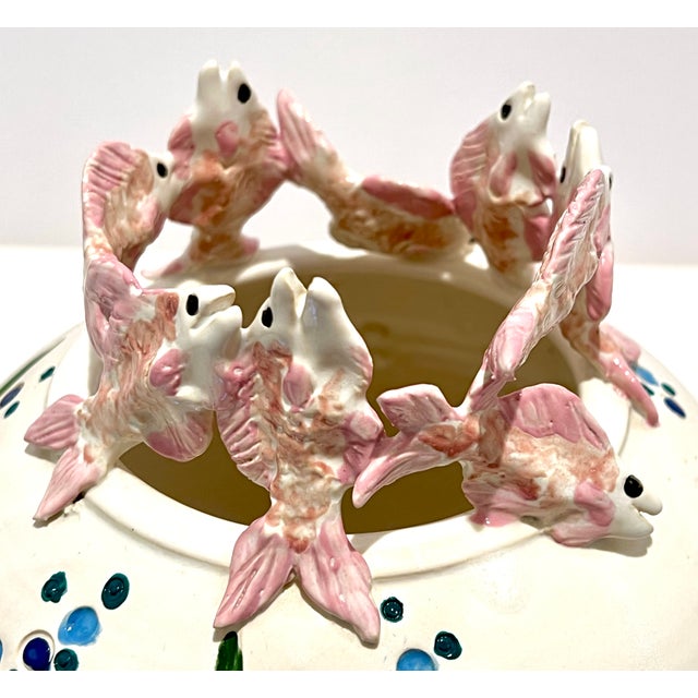 Ivory Sue Mattox Signed Art Pottery Vase Koi Fish Rim Sculptural Coastal Vessel For Sale - Image 8 of 13