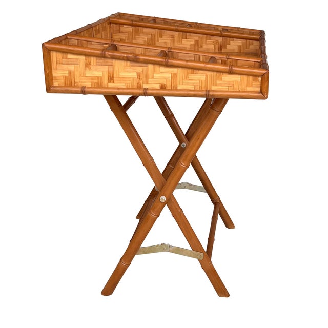 Vintage Bamboo and Woven Rattan Folding Butler Tray Stand, Coastal Campaign For Sale In Oklahoma City - Image 6 of 13