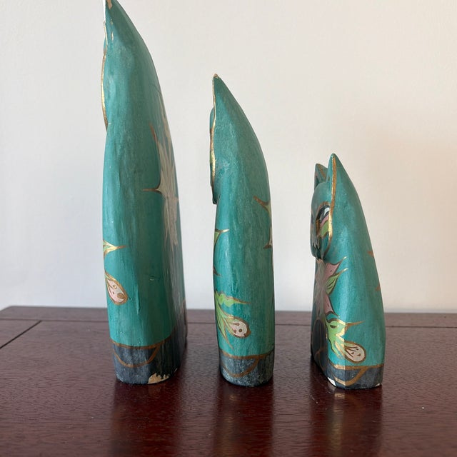 Wood 1980s Hand-Painted Wooden Cat Folk Art Figures – Set of 3 For Sale - Image 7 of 9