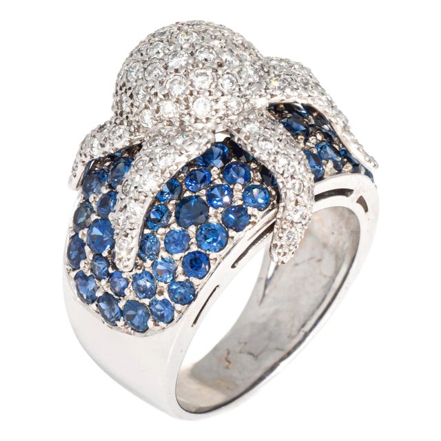 Mid 20th Century Octopus Ring Diamond Sapphire 18k White Gold Sz 7.5 Band Estate Ocean Jewelry For Sale